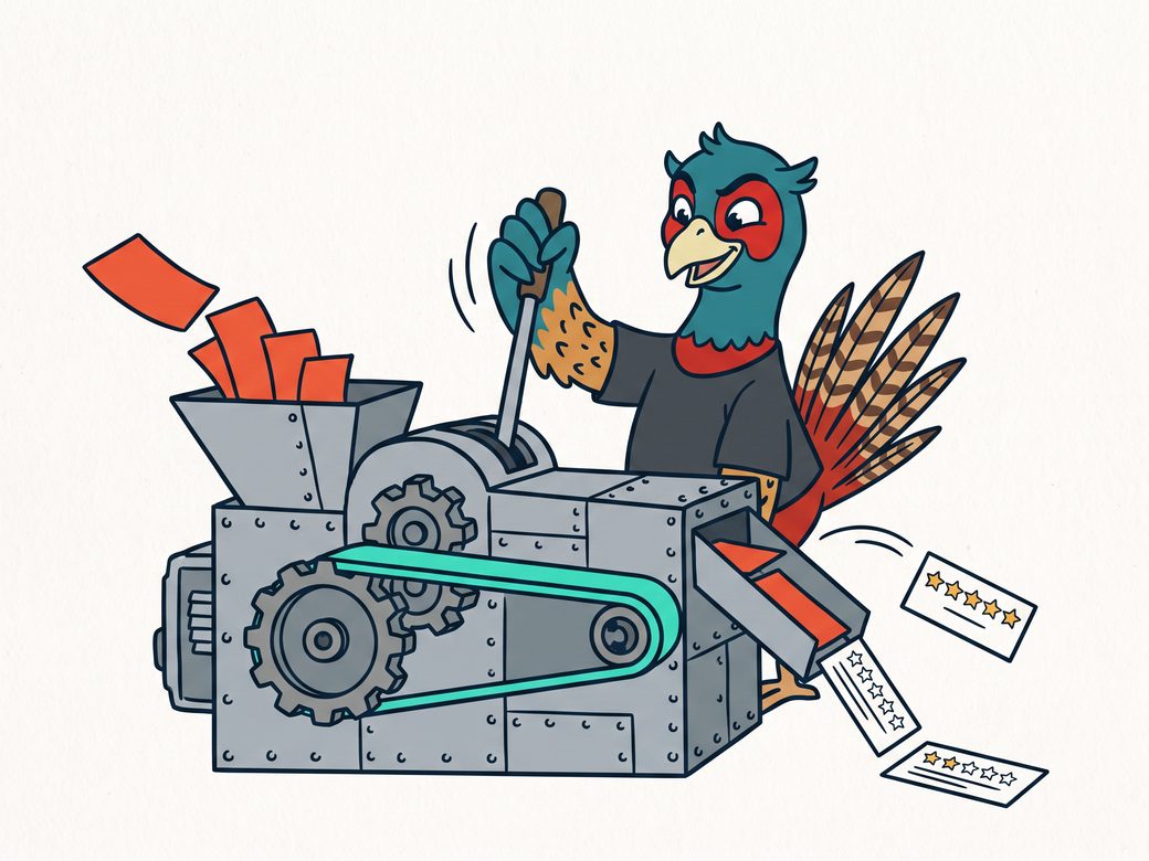 Cartoon pheasant Ringo pulling the lever on a small workshop machine that turns finished job tickets into review cards