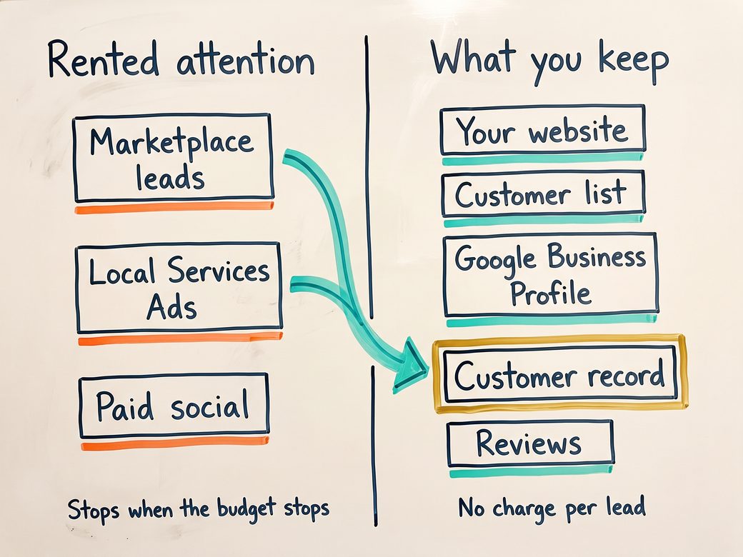 Whiteboard sketch splitting rented attention channels on one side from business controlled assets on the other, with a hand drawn arrow moving a customer record from the paid side into the owned side