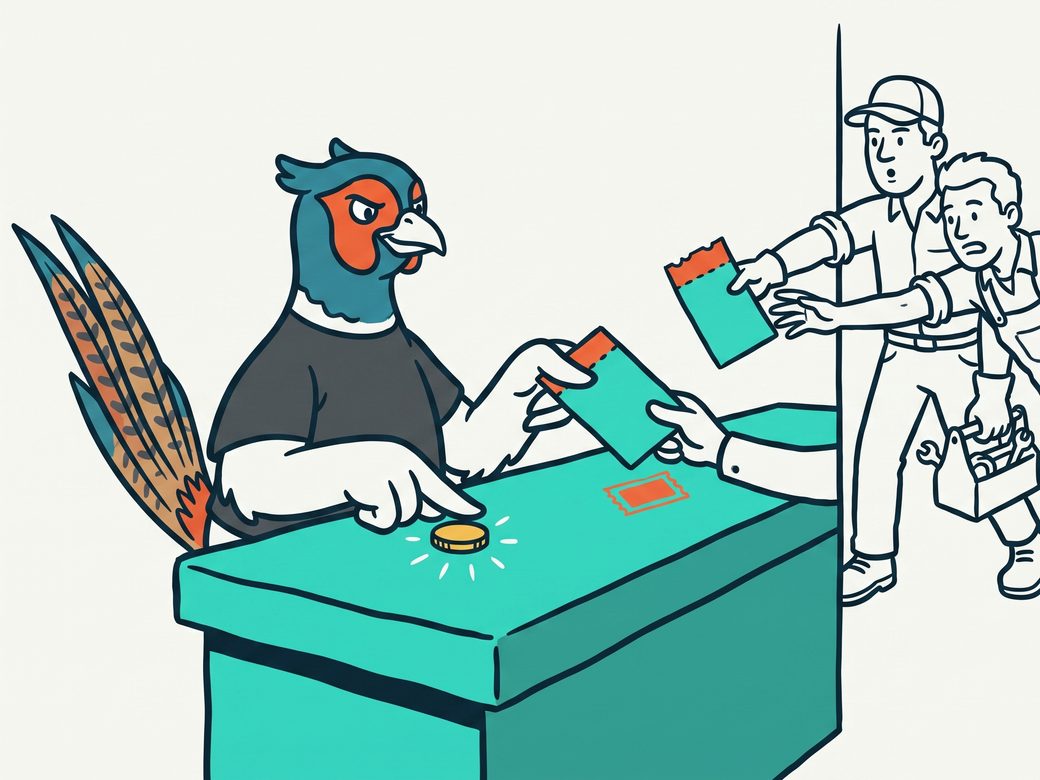 Cartoon pheasant Ringo at a marketplace counter paying a gold coin for a customer job ticket while two other tradespeople reach for the same ticket