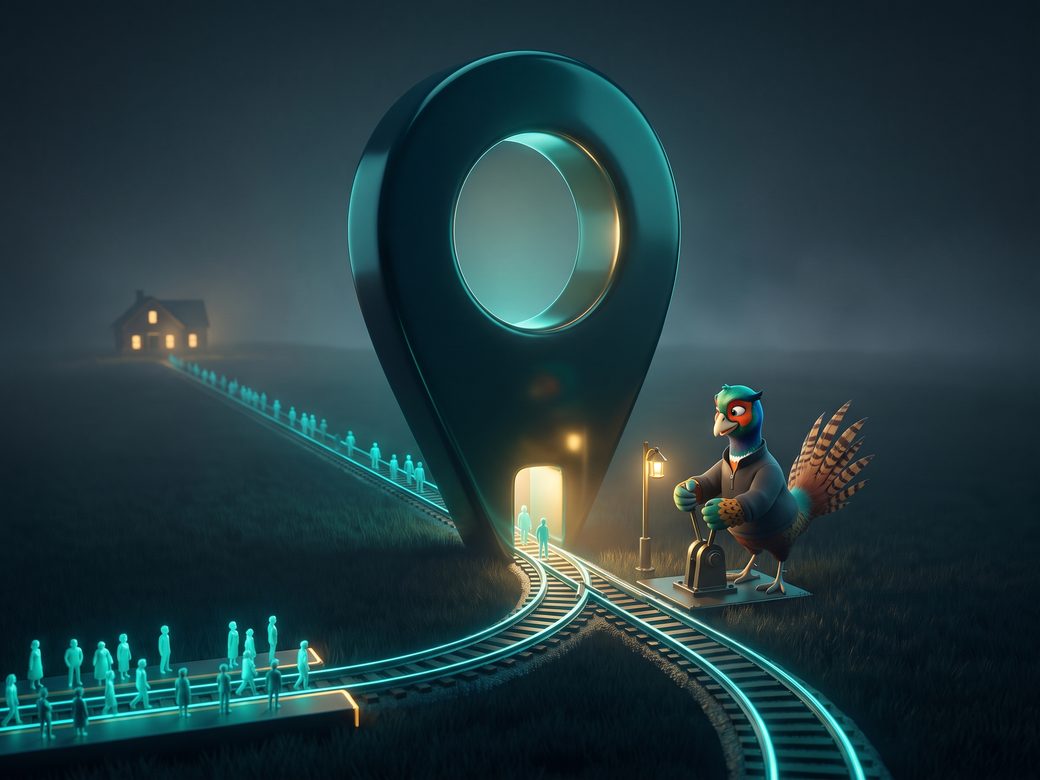 Huge glossy 3D map pin standing like a rail junction in dark prairie fog, two lit ramps leaving its base, Ringo the pheasant at the switch lever routing glowing teal customers down both