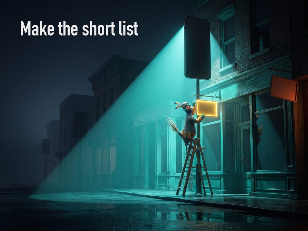 Near-black navy main street at night, fog everywhere, a giant glossy 3D phone standing like a lamppost casting a teal beam that lifts three storefronts out of the dark while Ringo the pheasant on a ladder lights the sign on one of them