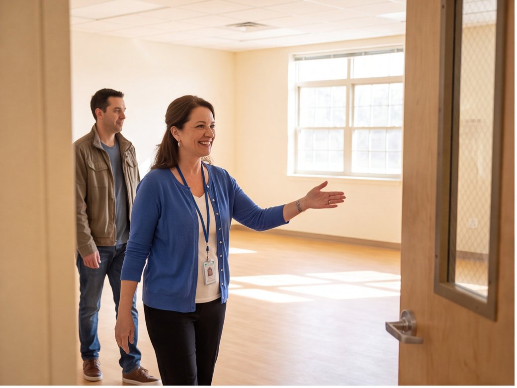 Childcare director welcoming an adult parent during a tour of an empty early-learning classroom
