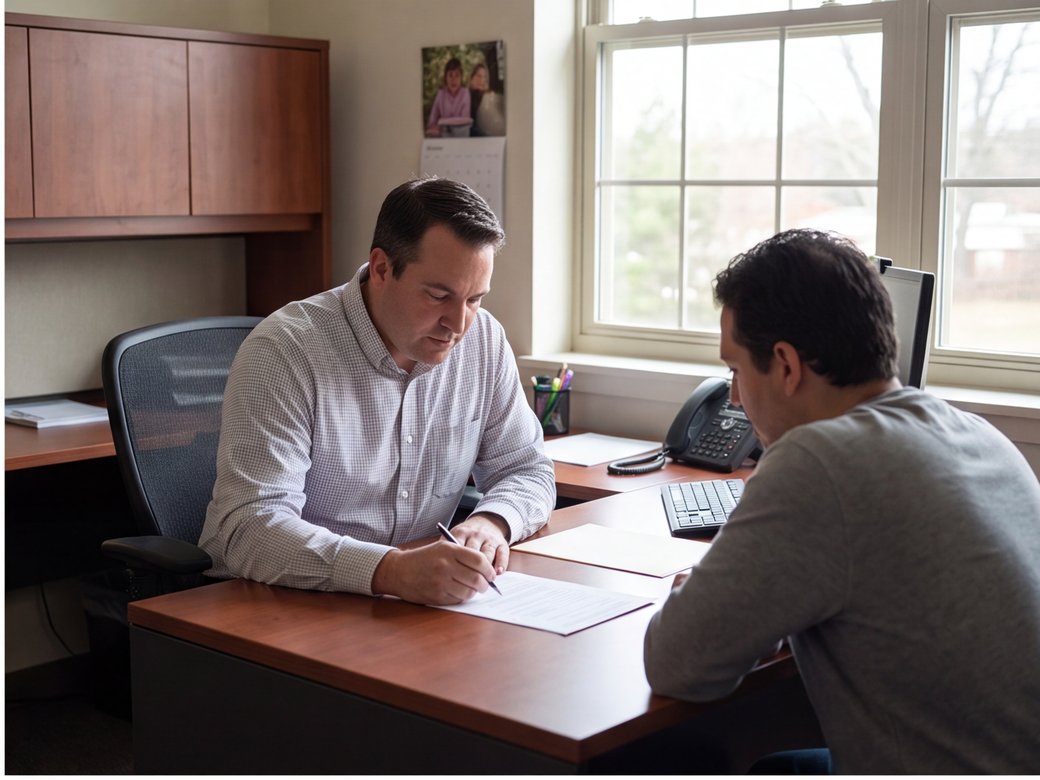 Childcare administrator reviewing an unreadable enrollment checklist with an adult parent in a private office