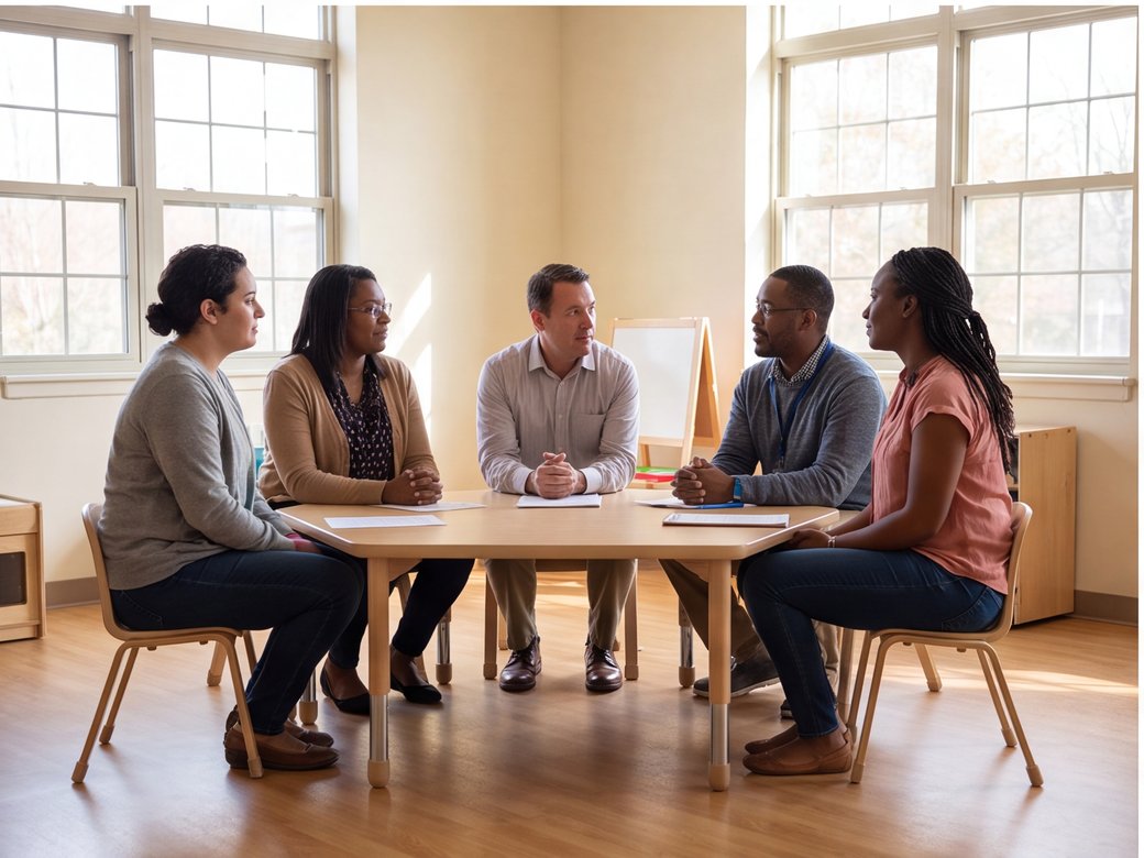 Adult childcare staff meeting together in an empty early-learning classroom
