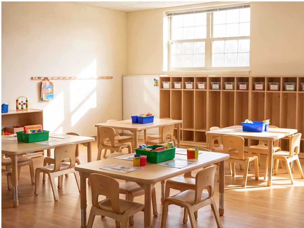 Bright prepared early-learning classroom with activity tables and blank cubbies before children arrive