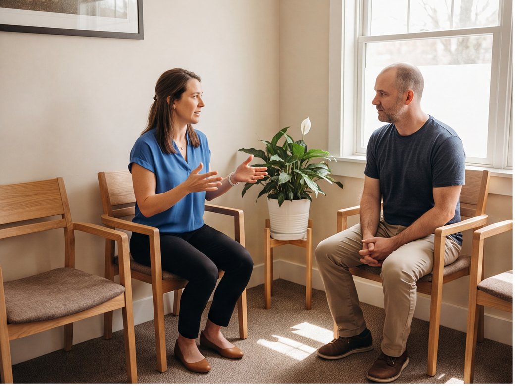 Chiropractor explaining the first-visit process to an adult patient in a private consultation room