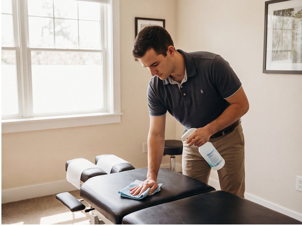 Chiropractic assistant preparing a clean treatment room between visits