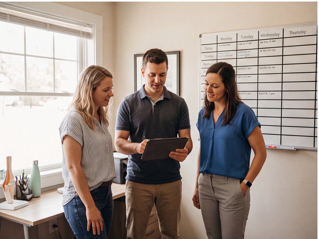 Chiropractic practice team reviewing the day's schedule in a private office without visible patient records