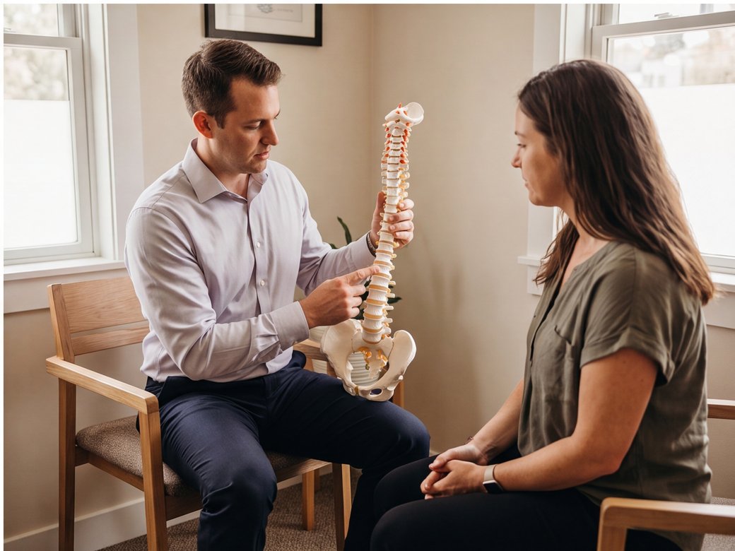 Chiropractor showing an adult patient a spine model during an office consultation