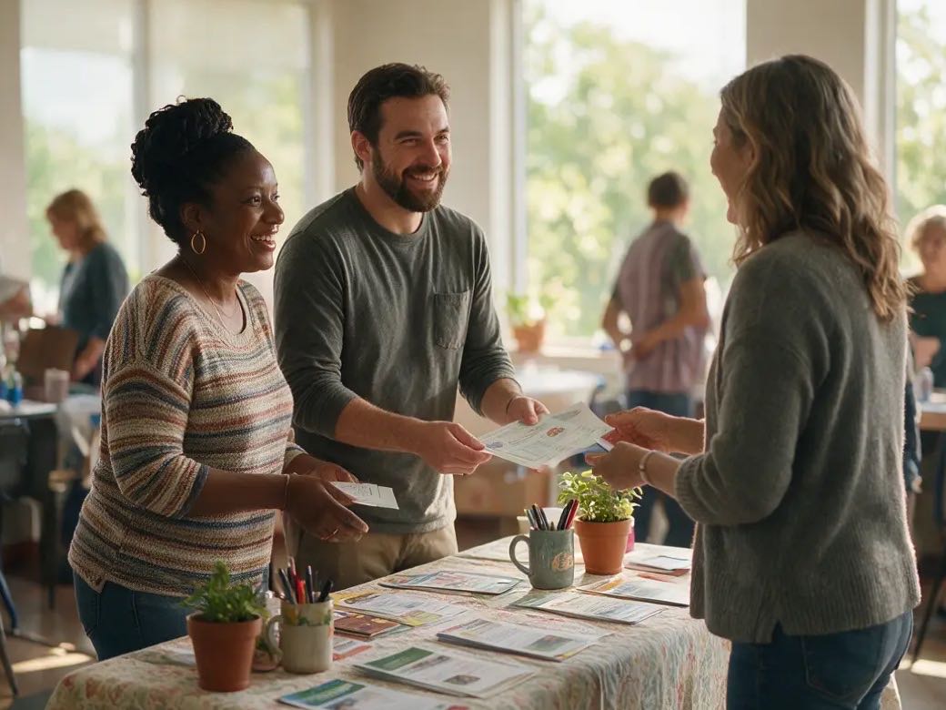 Volunteers greeting neighbors at a community resource event