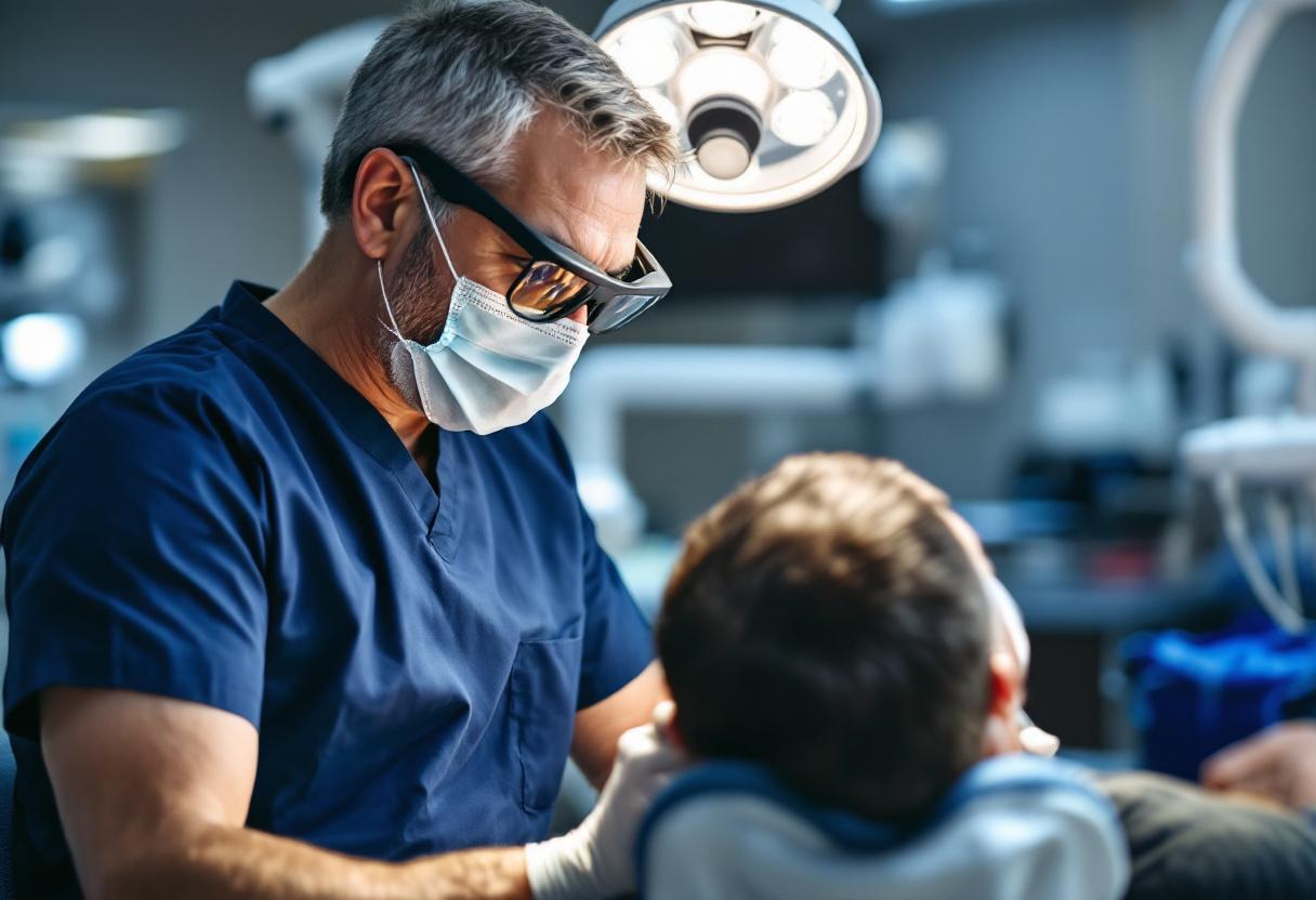Dentist in loupes performing a comprehensive exam