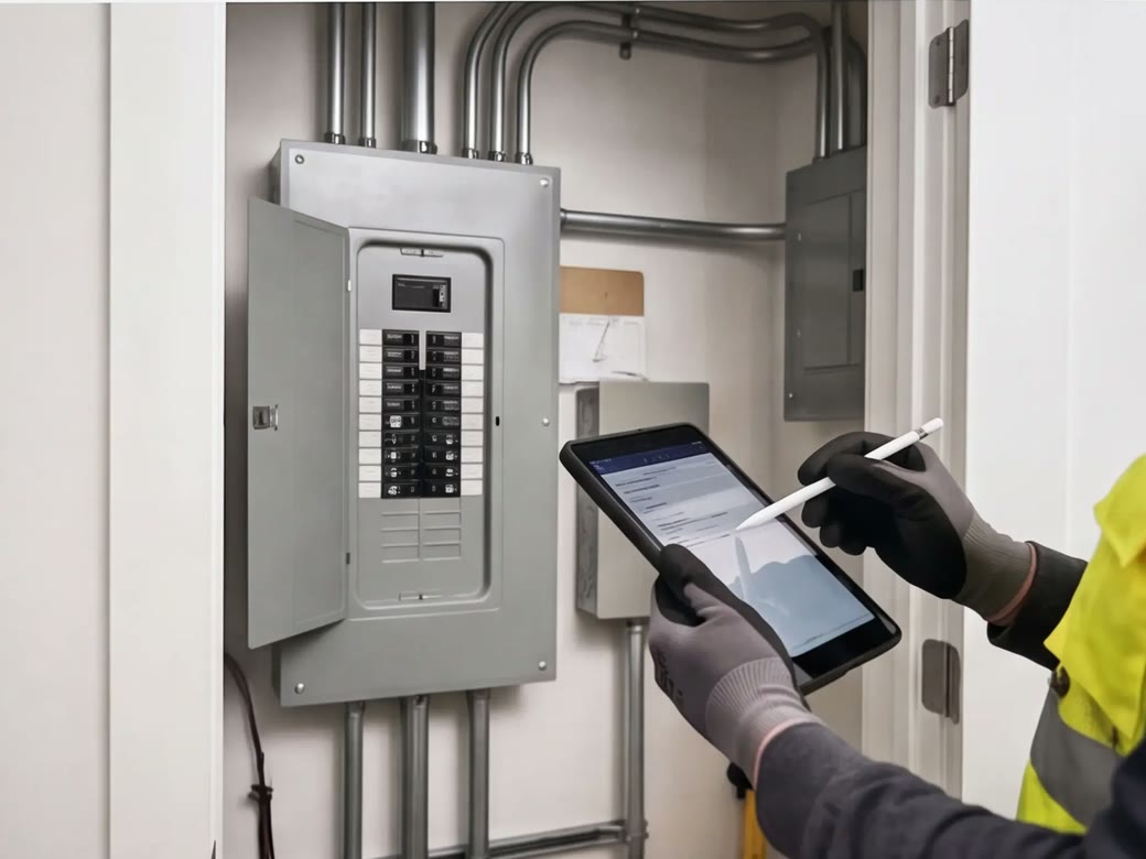 Electrician documenting an electrical panel with the breaker cover intact in a utility room