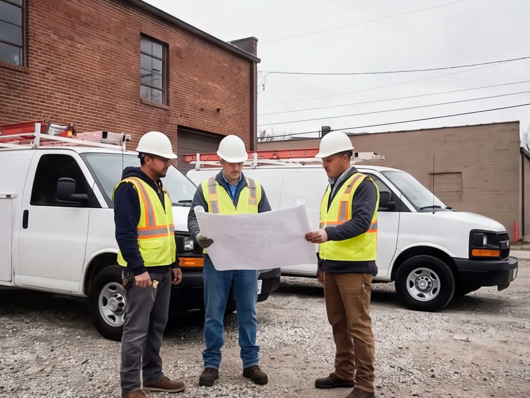 Electrical crew reviewing a lighting plan beside their service vehicles