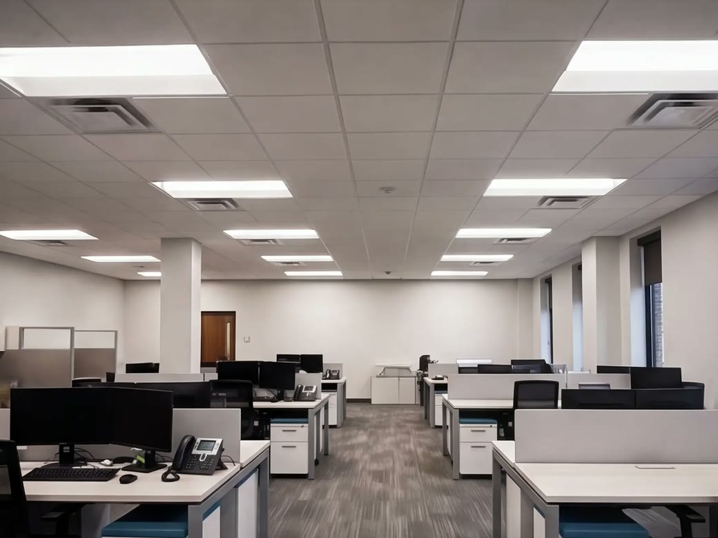Finished commercial workspace with newly installed overhead lighting
