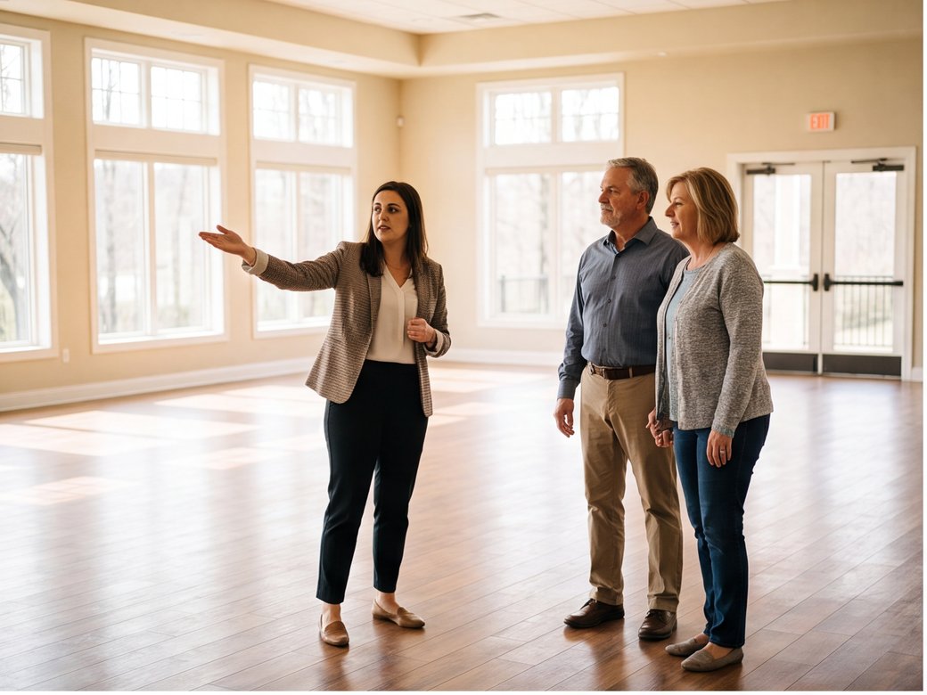 Venue coordinator showing an adult couple the layout of an empty reception hall