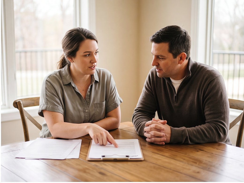 Venue coordinator reviewing an unreadable room layout and planning checklist with an adult event organizer