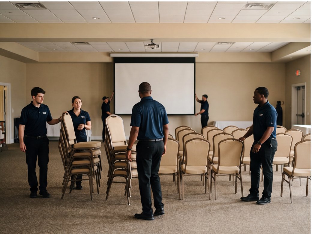 Event venue staff arranging tables, chairs, and audiovisual equipment before guests arrive
