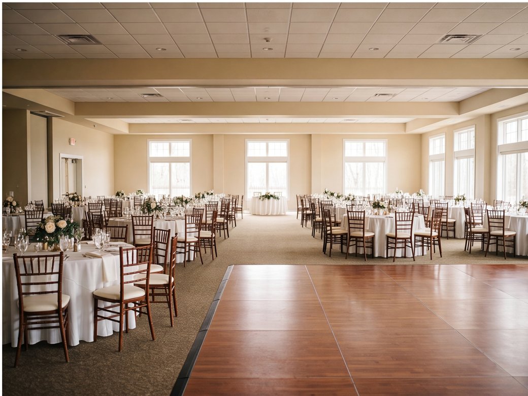 Finished reception hall with set tables, a clear aisle, and an empty dance floor before an event