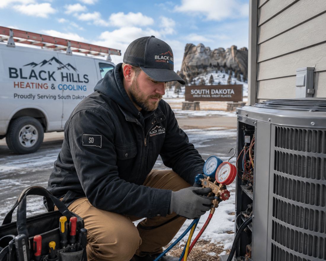 HVAC technician servicing condenser with refrigerant gauges