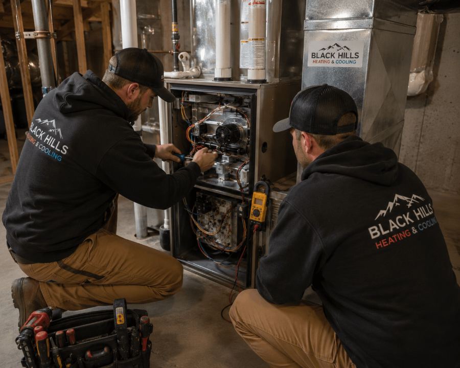 Two technicians servicing a furnace
