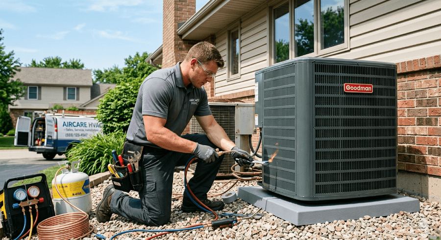 Tech servicing outdoor AC condenser