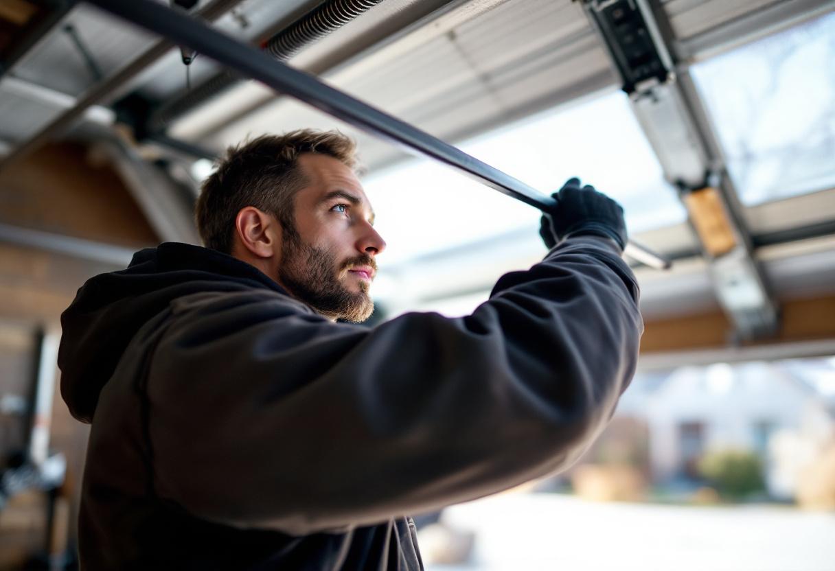 Garage door technician winding a torsion spring with bars