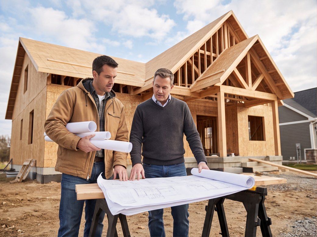 General contractor reviewing construction plans with a property owner beside an active residential project