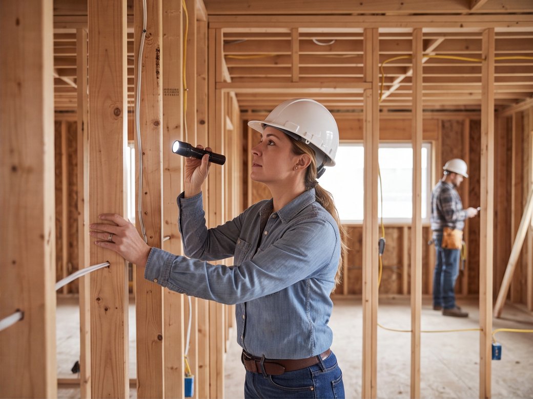 Construction superintendent inspecting framed interior work at a residential renovation