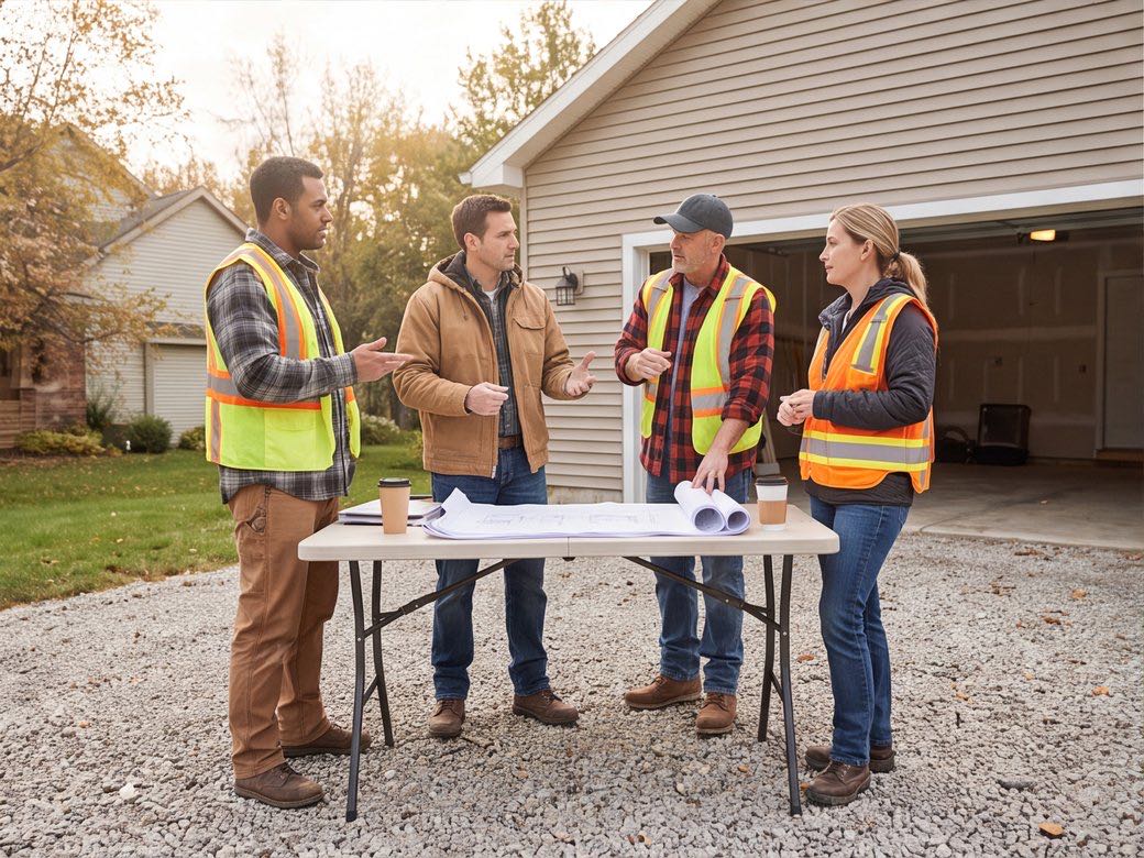 General contractor and trade partners reviewing a construction plan at a job-site table