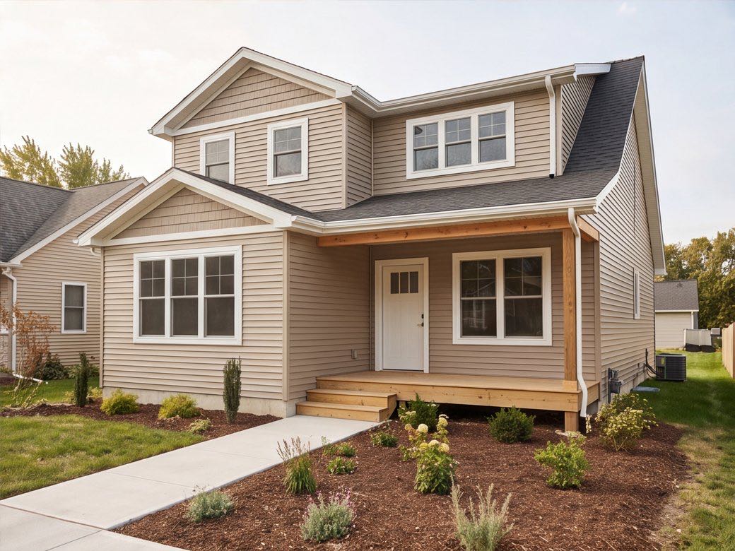 Completed home addition with finished exterior details and a clean landscaped approach