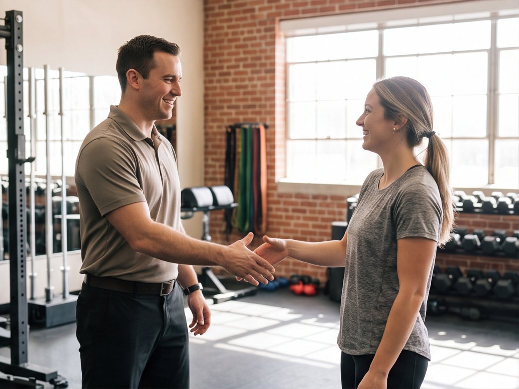 Coach welcoming a prospective member during a tour of a local training facility
