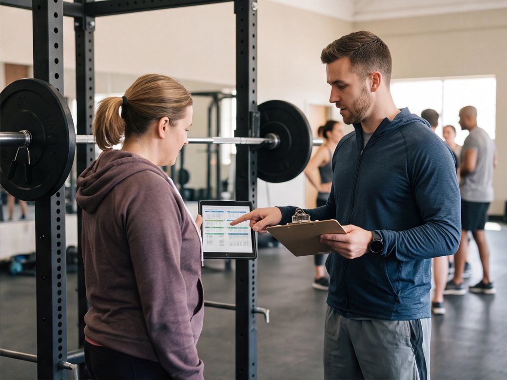 Personal trainer discussing a training goal with an adult client beside a squat rack