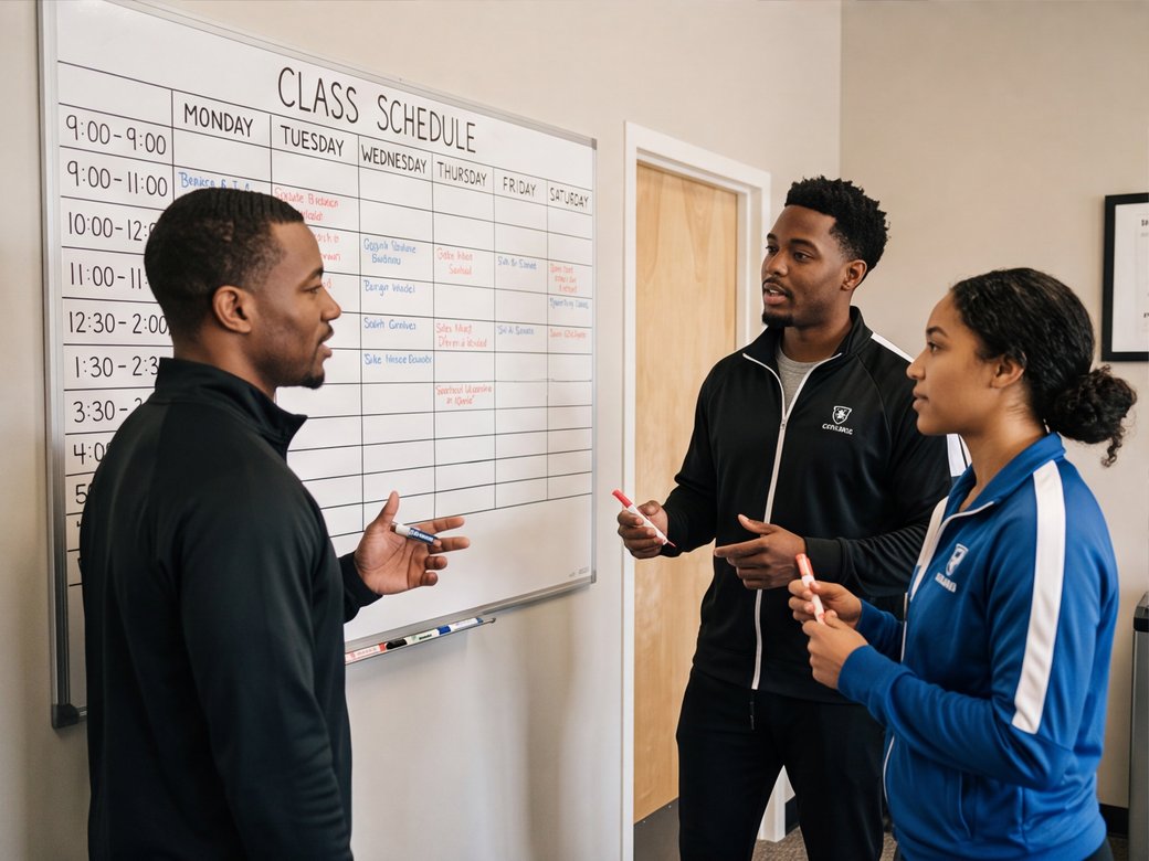 Gym coaches reviewing the class schedule together on a wall planner