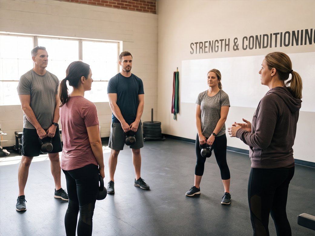 Adults taking part in a coached small-group strength session in a local gym