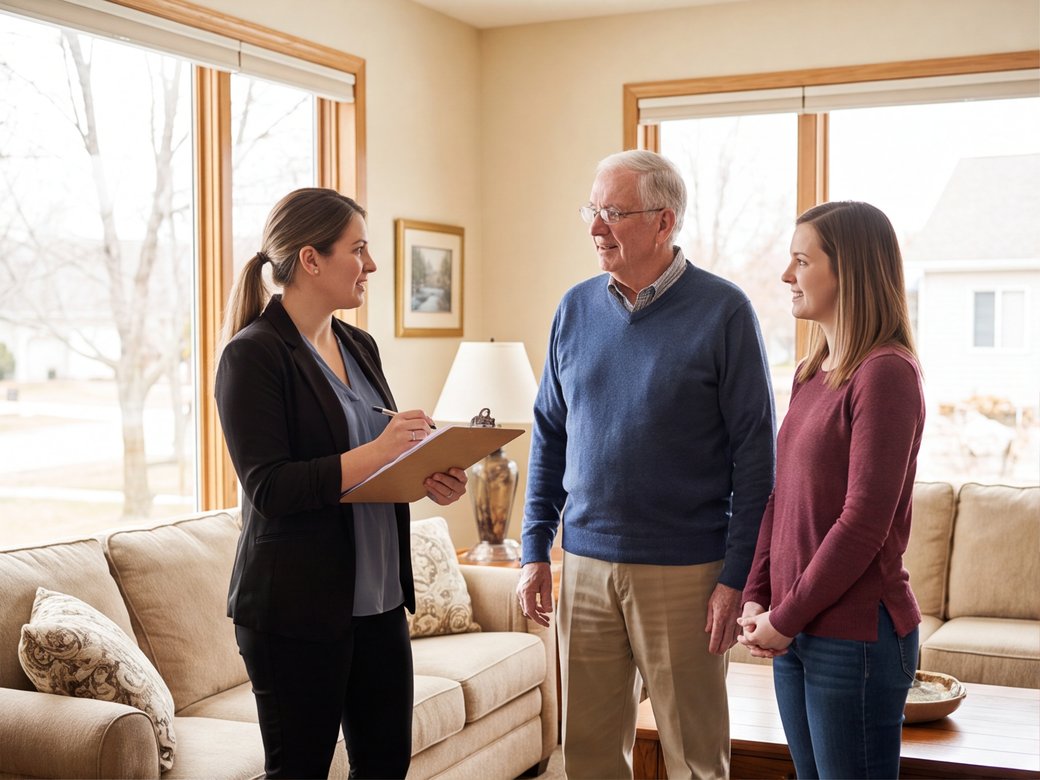 Home-care coordinator speaking with an older adult and an adult family member in a bright living room