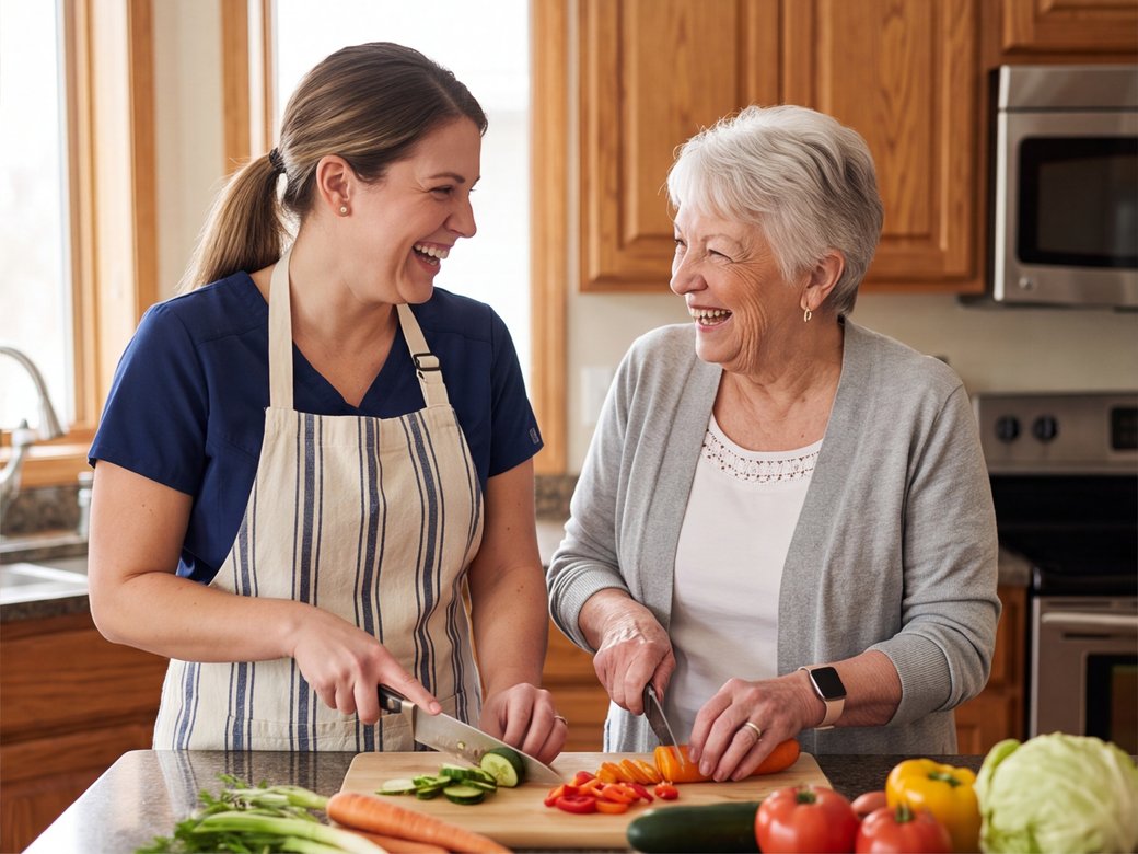 Nonmedical caregiver preparing a simple meal with an older adult in a home kitchen