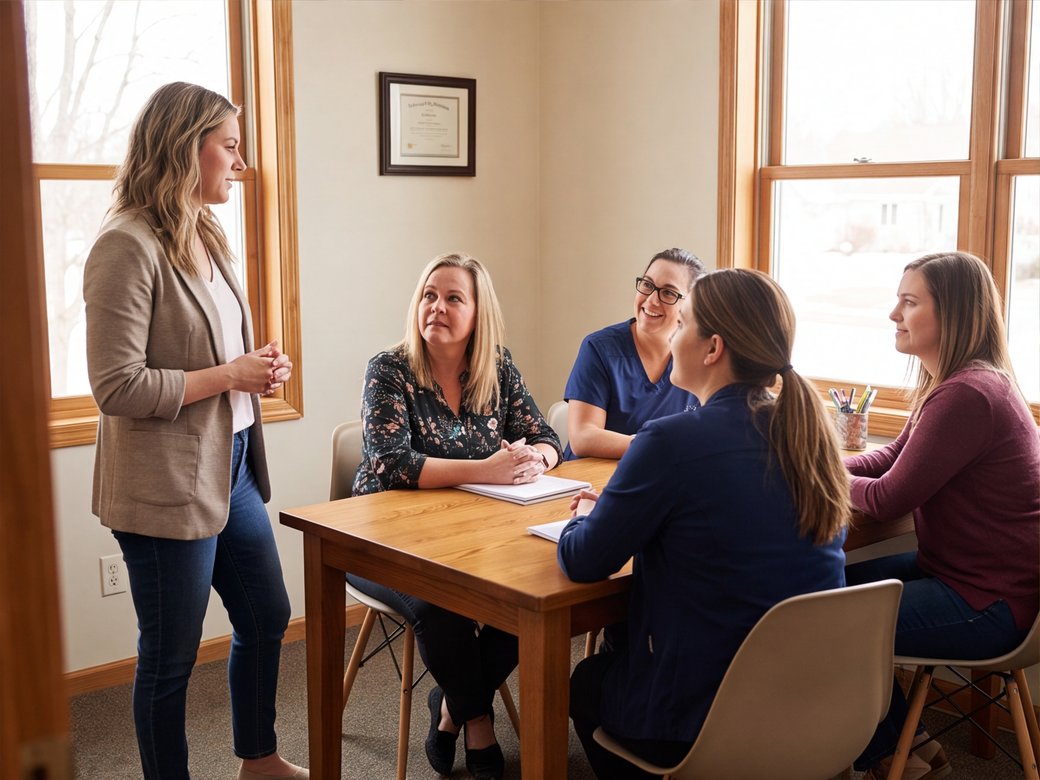 Home-care coordinator briefing a small team of adult caregivers in a private office