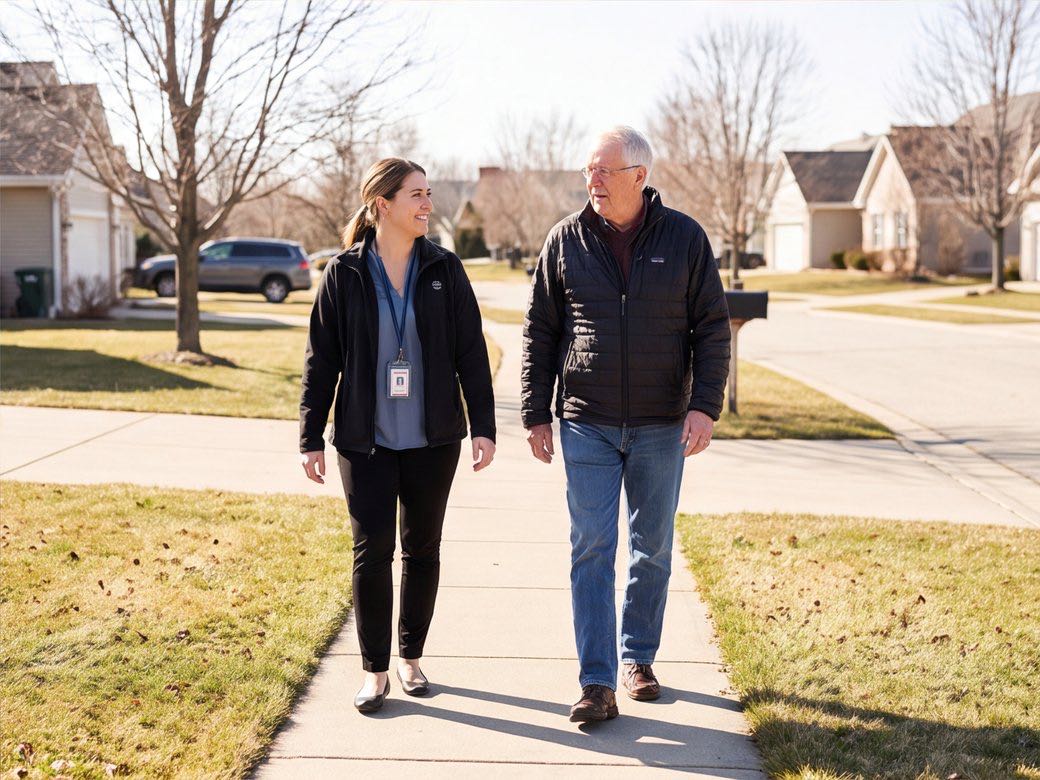 Companion caregiver walking beside an older adult on a sunny neighborhood path
