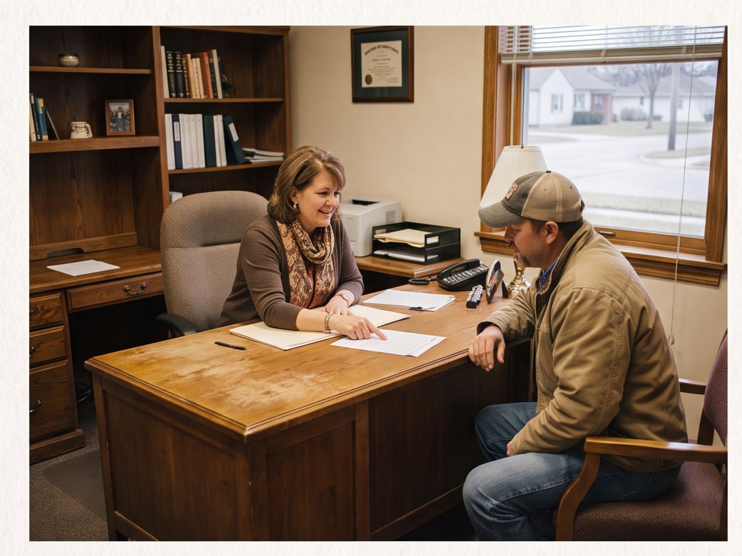 Independent insurance agent discussing a homeowner inquiry with an adult visitor in a private office