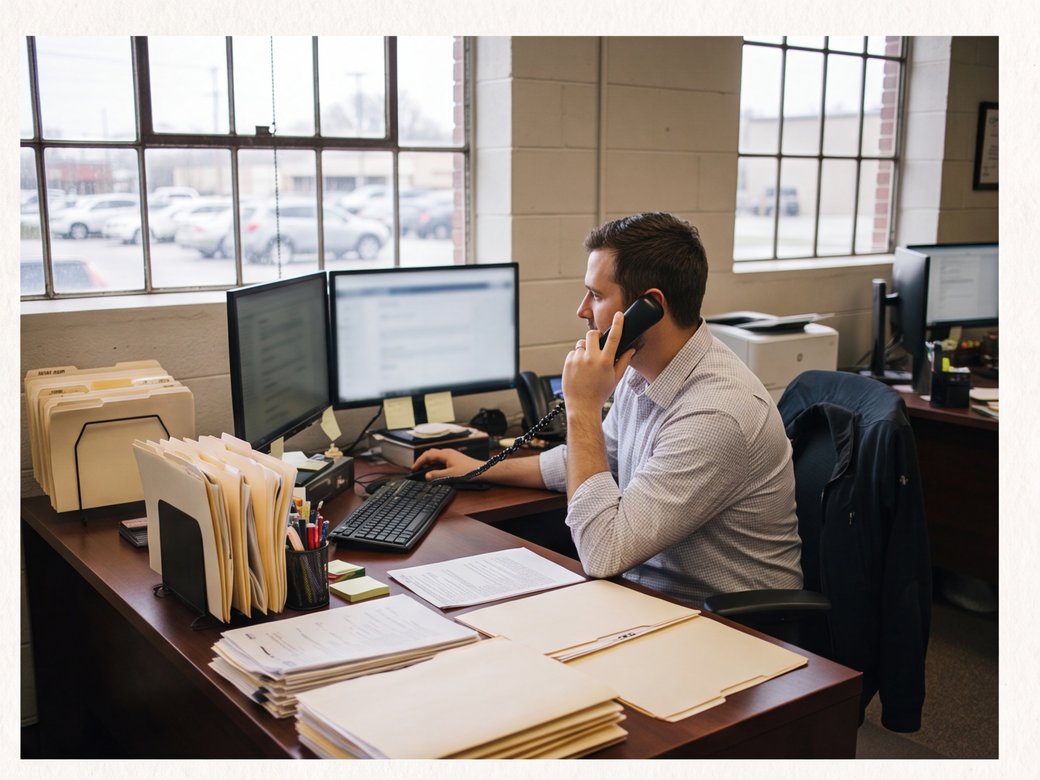Insurance agency service representative reviewing a renewal queue with all policyholder information hidden