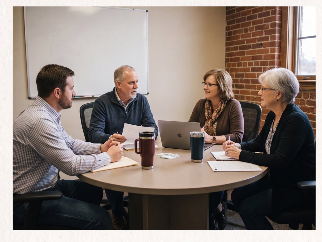 Independent insurance agency team reviewing personal and commercial service assignments in a conference room