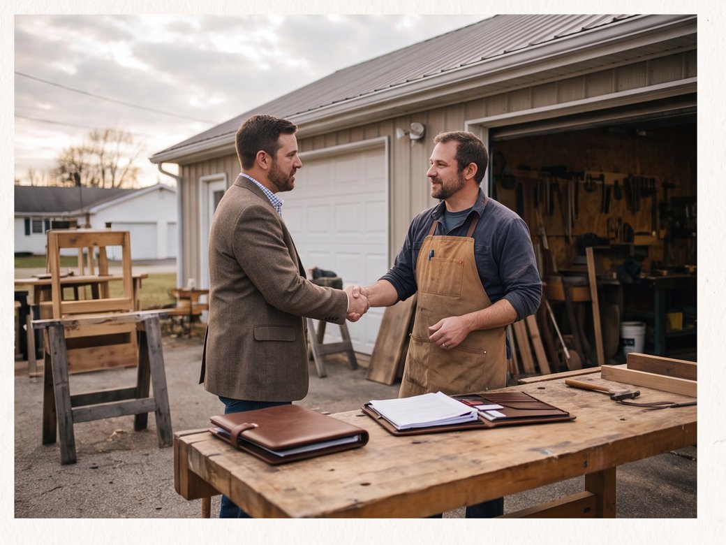 Insurance agent meeting a small-business owner at a local workshop with paperwork closed on the table