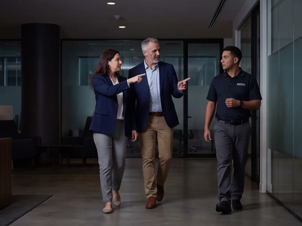 Janitorial supervisor walking through a modern office lobby with a facility manager