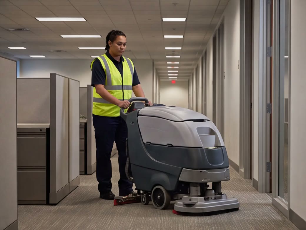 Commercial cleaner operating a walk-behind floor scrubber in an office corridor after hours
