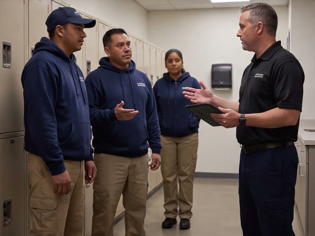 Janitorial supervisor briefing a uniformed commercial cleaning crew before a shift