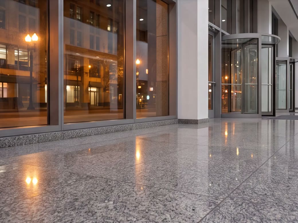 Clean commercial lobby with polished floors and a glass entrance