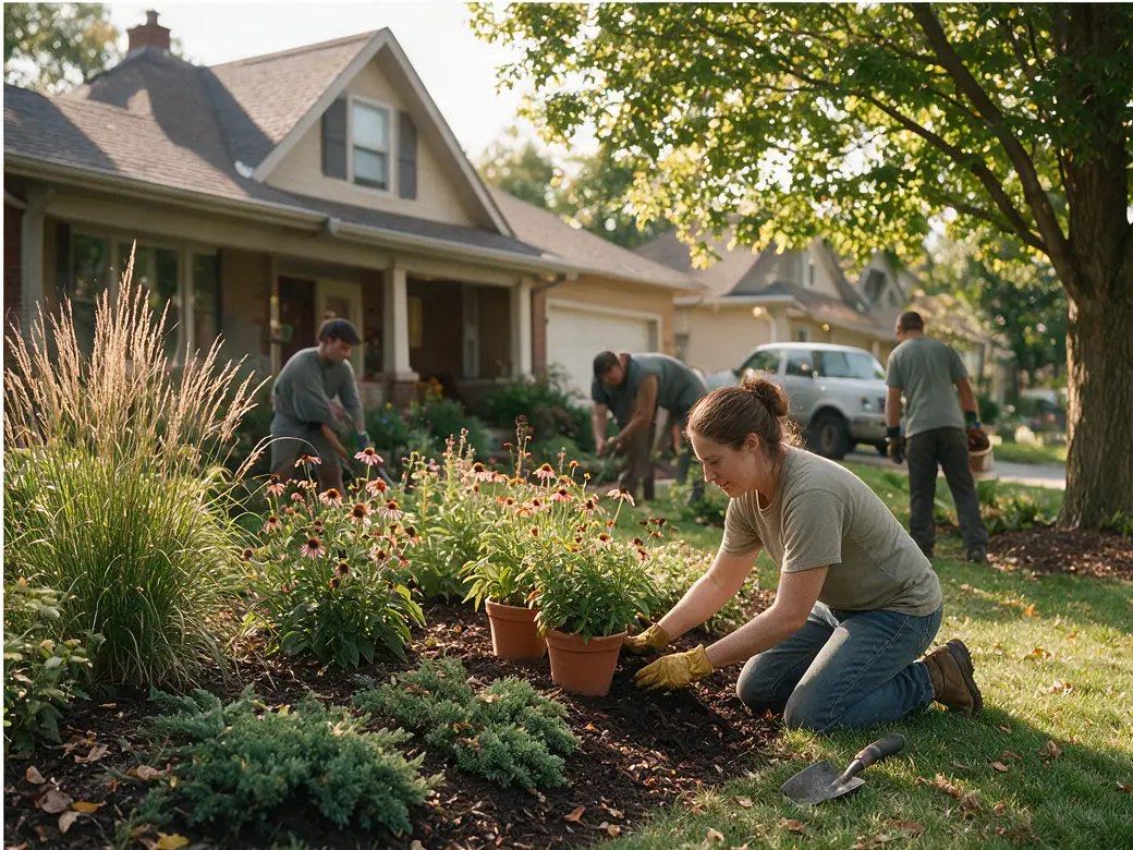 Landscaping crew finishing a planted bed beside a home