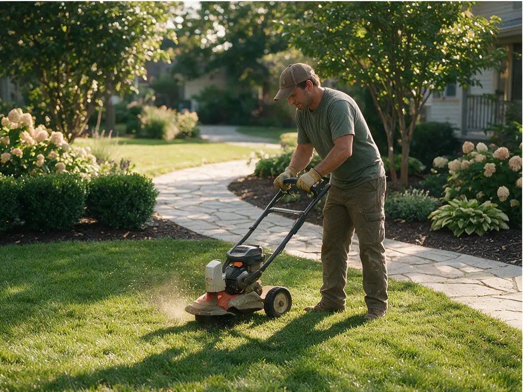 Crew member edging a lawn along a landscaped walkway