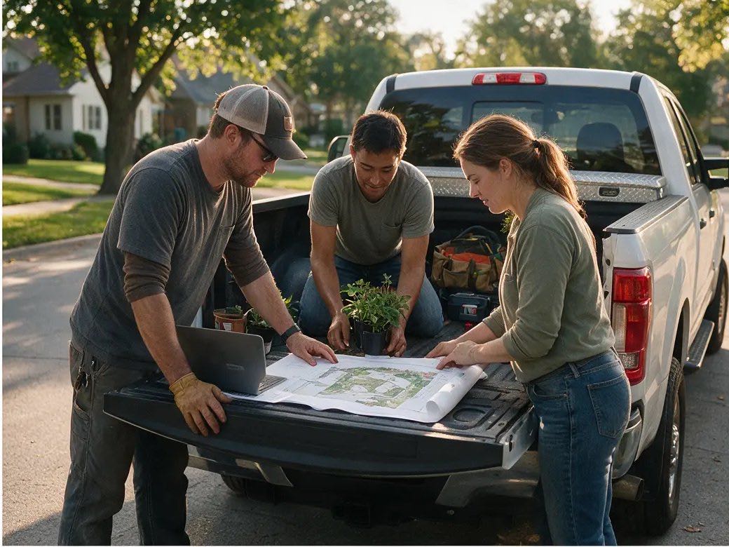 Landscaping crew reviewing a property plan beside their work truck