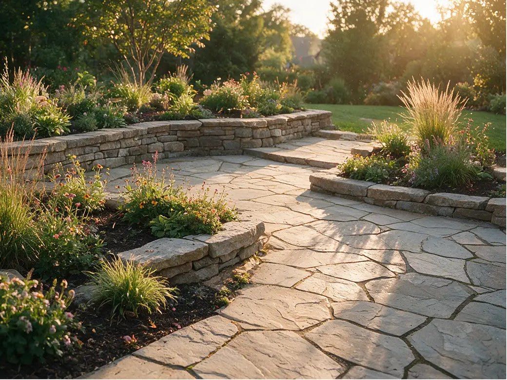 Finished residential patio and planting beds at golden hour